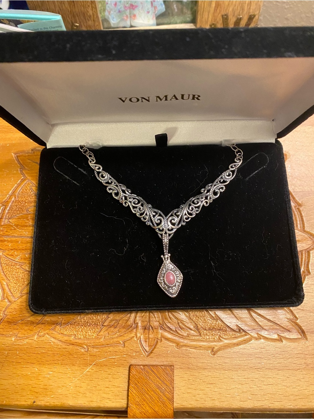 Carolyn Pollack Sterling Filigree Necklace with Pink Cabochon